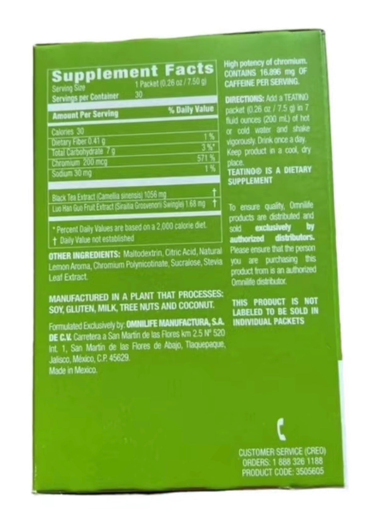 OML Teatino Natural Tea & Lemon Flavor Net Wt 7.9oz 225g | box with 30 packets of 0.26oz 7.5g each